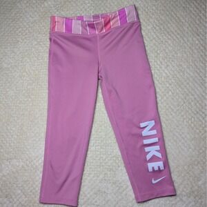 Nike Dri-Fit Cropped Leggings Pink Stripe Waistband | Girls Youth M